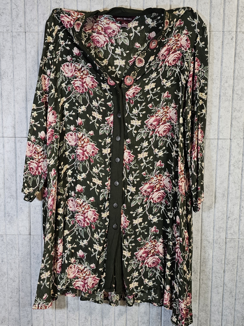 April Cornell Floral Blouse XL Green Pink Roses Boho Cottagecore Lightweight